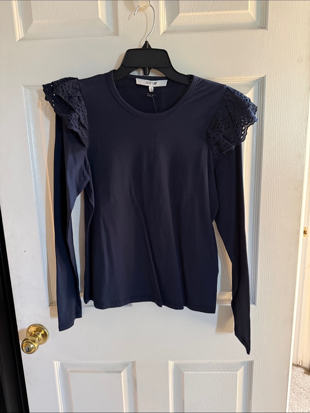 J. Crew Navy Eyelet Flutter Shoulder Long Sleeve Top